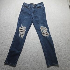 Judy Blue Jeans Womens 5/27 Blue Stretch Mid Rise Flannel Pocket Distressed